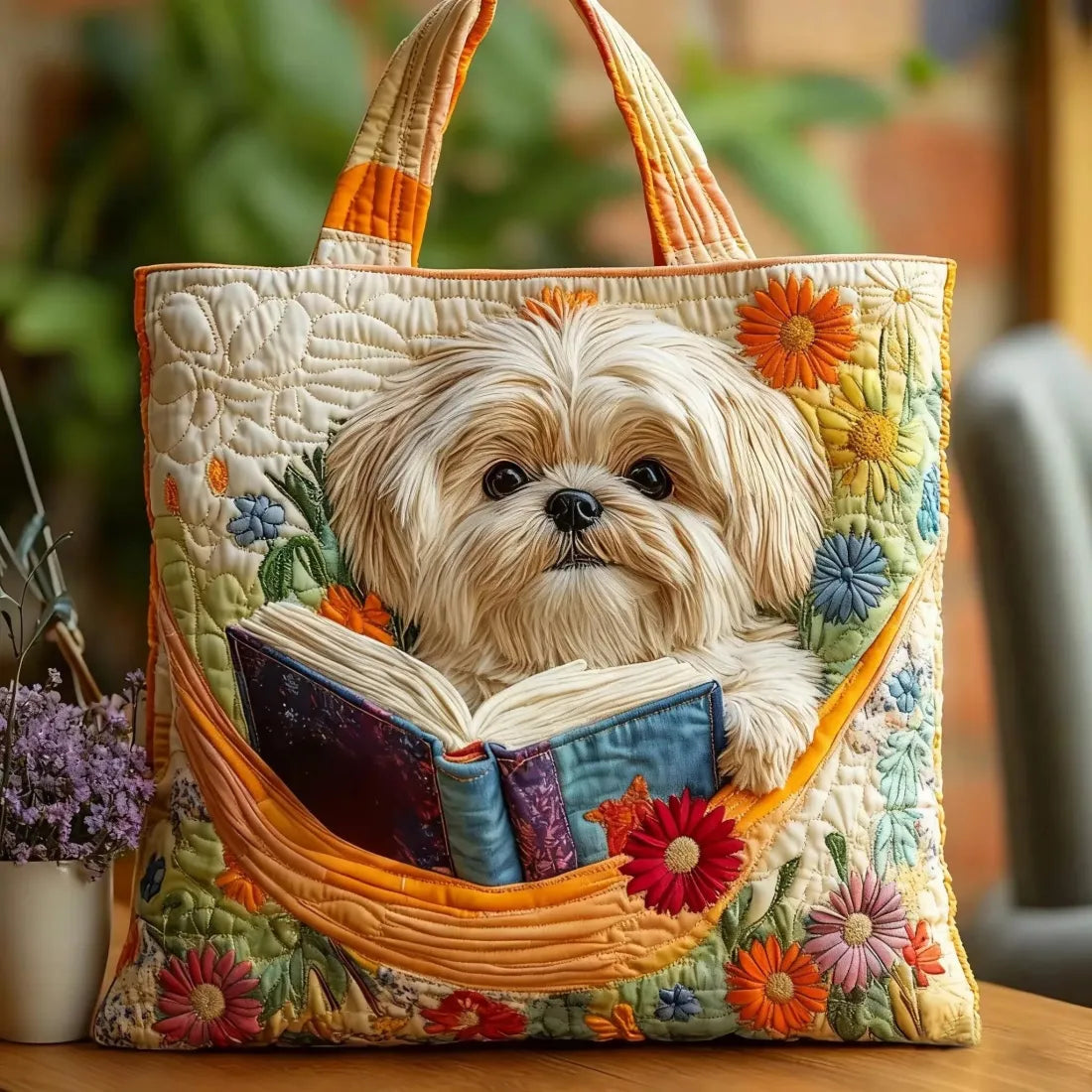 Rokas soma - Shih Tzu ar grāmatām un ziediem